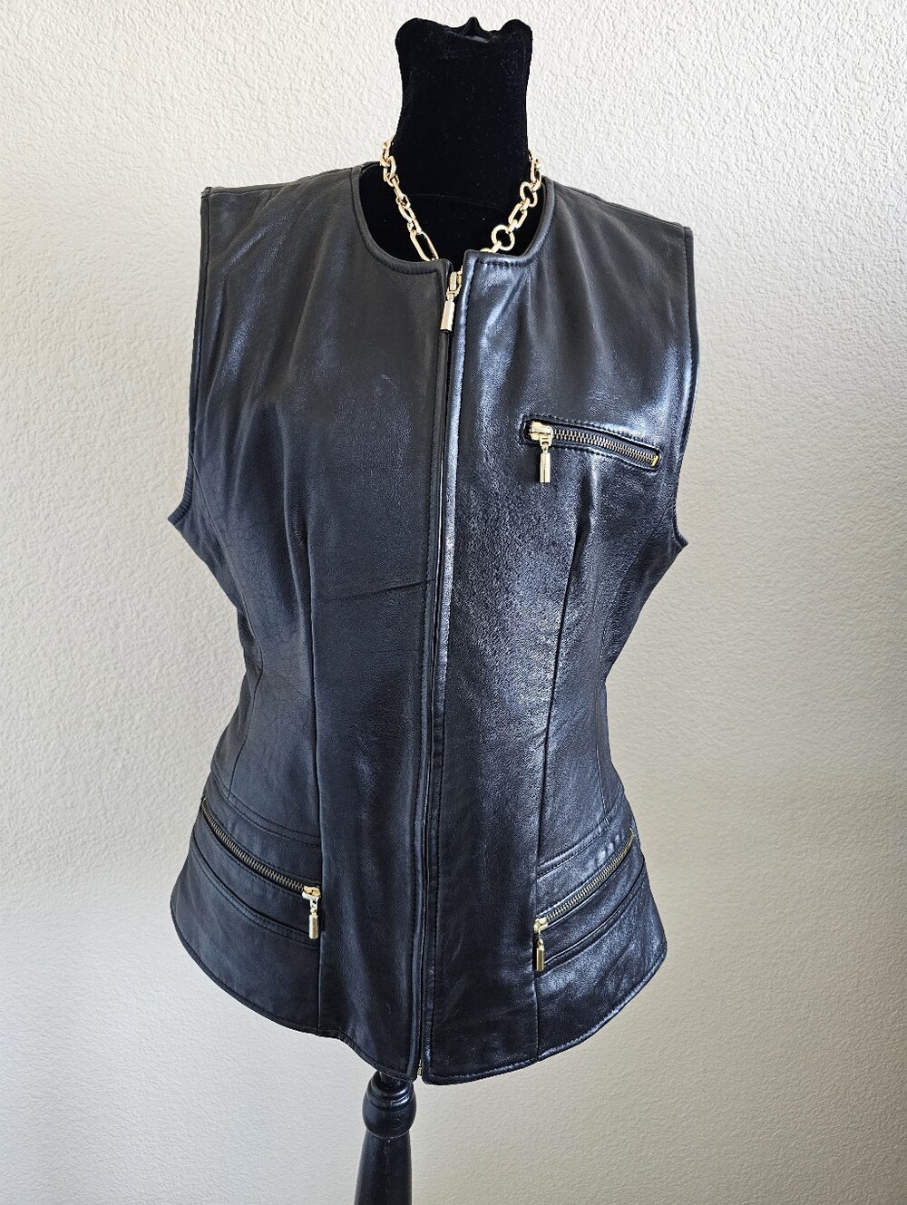 Nordstrom Black Leather Zip-Front Vest with Gold Zippers